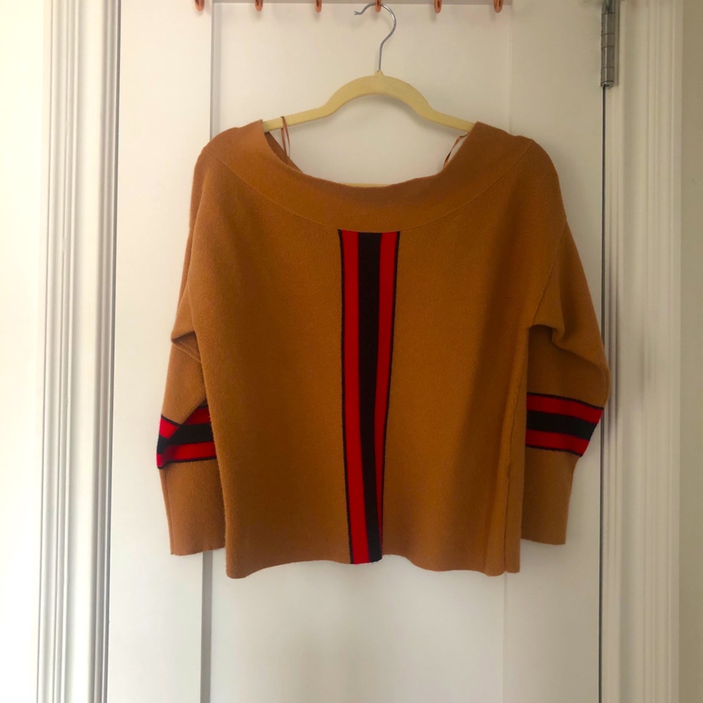 River Island off shoulde tan with stripe sweater